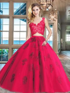 New Arrival Floor Length Two Pieces Sleeveless Red Quinceanera Gown Zipper