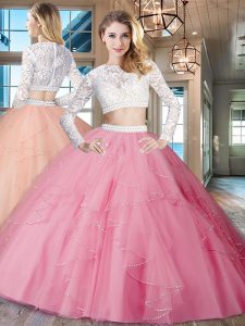 Sophisticated Scoop Long Sleeves Zipper Floor Length Beading and Lace and Ruffles Quinceanera Dress