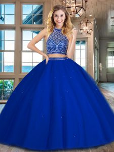 Suitable Royal Blue 15th Birthday Dress Military Ball and Sweet 16 and Quinceanera and For with Beading Halter Top Sleev
