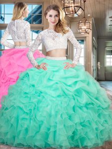 Scoop Apple Green Long Sleeves Beading and Lace and Ruffles Floor Length 15 Quinceanera Dress