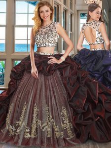Scoop Pick Ups With Train Two Pieces Cap Sleeves Burgundy Sweet 16 Dress Brush Train Backless