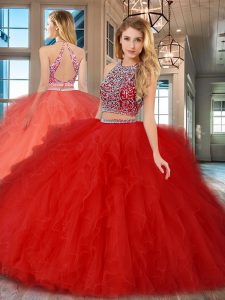 Glorious Scoop Red Sleeveless Floor Length Beading and Ruffles Backless Quinceanera Dresses