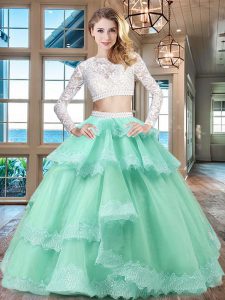 Scoop Long Sleeves Zipper Floor Length Beading and Lace and Ruffled Layers Quinceanera Gowns