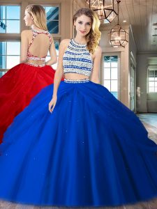Top Selling Scoop Backless Tulle Sleeveless Floor Length Vestidos de Quinceanera and Beading and Pick Ups