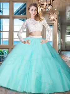 Exceptional Scoop Aqua Blue Tulle Zipper Ball Gown Prom Dress Long Sleeves Floor Length Beading and Lace and Ruffles