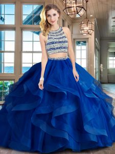 Sweet Scoop Sleeveless Tulle With Brush Train Backless 15 Quinceanera Dress in Royal Blue with Beading and Ruffles