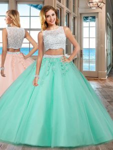 Tulle Bateau Sleeveless Side Zipper Beading and Appliques Sweet 16 Quinceanera Dress in Apple Green