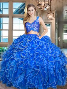 Sumptuous Blue Zipper V-neck Lace and Ruffles Quinceanera Gowns Organza Sleeveless