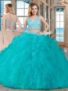 Lovely Teal Two Pieces V-neck Sleeveless Tulle Floor Length Zipper Beading and Ruffles 15 Quinceanera Dress