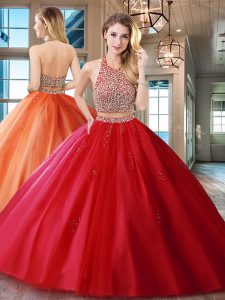 Dazzling Halter Top Red Backless Sweet 16 Dresses Beading and Appliques Sleeveless With Brush Train