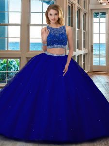 Scoop Sleeveless Floor Length Beading Backless Ball Gown Prom Dress with Royal Blue