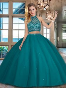 Teal Quinceanera Gown Military Ball and Sweet 16 and Quinceanera and For with Beading Halter Top Sleeveless Backless