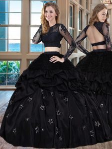 Shining Black Scoop Neckline Embroidery Sweet 16 Dresses Long Sleeves Backless