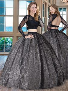 Black Backless Scoop Appliques 15th Birthday Dress Tulle Long Sleeves
