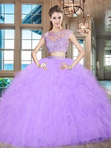 Modest Scoop Cap Sleeves Floor Length Beading and Appliques and Ruffles Zipper Quinceanera Gowns with Lavender