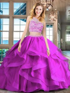 Latest Scoop Sleeveless Tulle Quinceanera Gown Beading and Ruffles Brush Train Backless