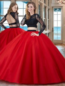 Scoop Red Long Sleeves Floor Length Appliques Backless Ball Gown Prom Dress