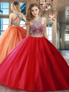 Glorious Scoop Red Sleeveless With Train Beading and Appliques Criss Cross 15th Birthday Dress