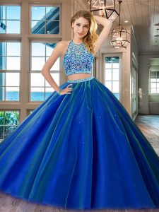 Free and Easy Royal Blue Two Pieces Scoop Sleeveless Tulle Floor Length Backless Beading Quinceanera Gown