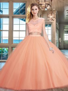 Edgy Peach Two Pieces Scoop Cap Sleeves Tulle Floor Length Zipper Beading and Appliques Quince Ball Gowns
