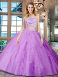Scoop Lilac Tulle Backless Quinceanera Gown Sleeveless Floor Length Beading and Ruffles
