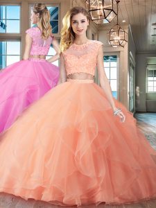 Low Price Scoop With Train Peach Quinceanera Dresses Organza Brush Train Cap Sleeves Beading and Appliques and Ruffles