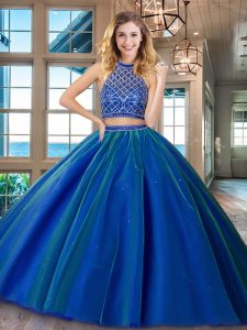 Chic Two Piece HalterHalter Top Royal Blue Backless Quinceanera Gown Beading Sleeveless Brush Train