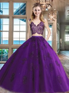 Sophisticated Purple V-neck Neckline Lace and Appliques 15 Quinceanera Dress Sleeveless Zipper
