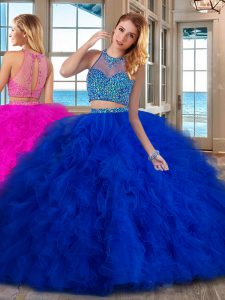 Lovely Royal Blue High-neck Neckline Beading and Ruffles Quinceanera Dresses Sleeveless Lace Up