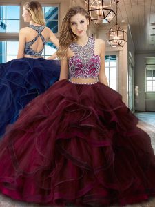 Scoop Burgundy Criss Cross Quinceanera Gowns Beading and Ruffles Sleeveless With Brush Train