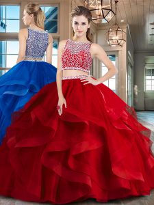Floor Length Red Quince Ball Gowns Tulle Sleeveless Beading and Ruffles
