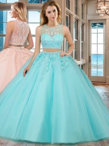 Tulle Scoop Sleeveless Zipper Beading and Appliques Sweet 16 Dresses in Aqua Blue