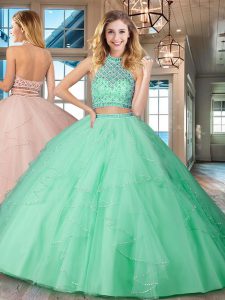 Fantastic Halter Top Apple Green Sleeveless Tulle Backless 15 Quinceanera Dress for Military Ball and Sweet 16 and Quinc