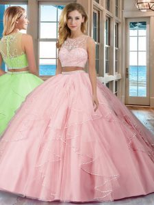 Nice Baby Pink Two Pieces Tulle Scoop Sleeveless Beading and Ruffles Floor Length Zipper Quinceanera Dresses
