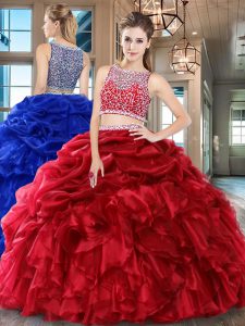 Fancy Wine Red Two Pieces Beading and Ruffles and Pick Ups 15 Quinceanera Dress Side Zipper Organza Sleeveless Floor Len