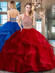 Enchanting Halter Top Backless Red Sleeveless Brush Train Beading and Ruffles With Train Ball Gown Prom Dress
