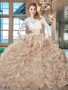 Champagne Scoop Neckline Beading and Lace and Ruffles Quince Ball Gowns Long Sleeves Zipper
