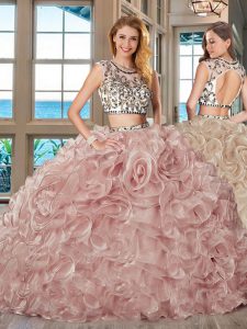 Pink Organza Backless Scoop Cap Sleeves With Train Sweet 16 Dress Brush Train Beading and Ruffles