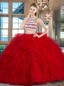 Scoop Sleeveless With Train Beading and Ruffles Backless Sweet 16 Quinceanera Dress with Red Brush Train
