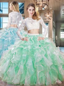 Scoop Long Sleeves Zipper Floor Length Beading and Lace and Ruffles Sweet 16 Quinceanera Dress
