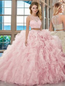 Most Popular Scoop Baby Pink Sleeveless Floor Length Beading and Ruffles Zipper 15th Birthday Dress