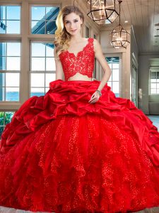 Delicate Taffeta and Tulle Sleeveless Vestidos de Quinceanera Brush Train and Lace and Ruffles and Pick Ups