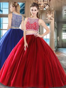 Wine Red Two Pieces Bateau Sleeveless Tulle Floor Length Side Zipper Beading Sweet 16 Dresses