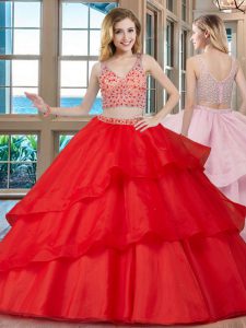 Free and Easy V-neck Sleeveless Organza Ball Gown Prom Dress Beading Brush Train Zipper