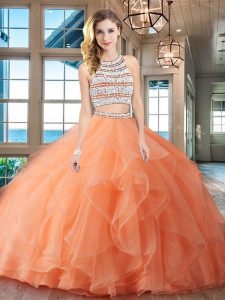 Classical Scoop Sleeveless Brush Train Backless With Train Beading and Ruffles Vestidos de Quinceanera