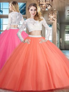 Ideal Scoop Watermelon Red Long Sleeves Floor Length Beading and Lace Zipper Quinceanera Dress