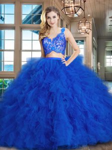 Pretty Zipper Quinceanera Dresses Royal Blue for Military Ball and Sweet 16 and Quinceanera with Lace and Ruffles Brush 