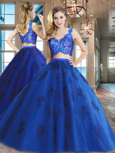 Fashion Royal Blue V-neck Zipper Lace and Appliques Quinceanera Dress Sleeveless
