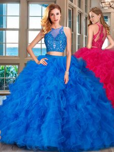 Dynamic Scoop Blue Sleeveless Tulle Zipper Quince Ball Gowns for Military Ball and Sweet 16 and Quinceanera