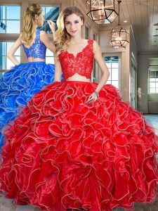 Dramatic Red Two Pieces Lace and Ruffles Quinceanera Gown Zipper Organza Sleeveless Floor Length